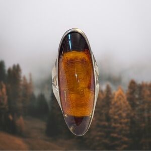 Sterling Silver adjustable Ring with Natural Amber Cabochon